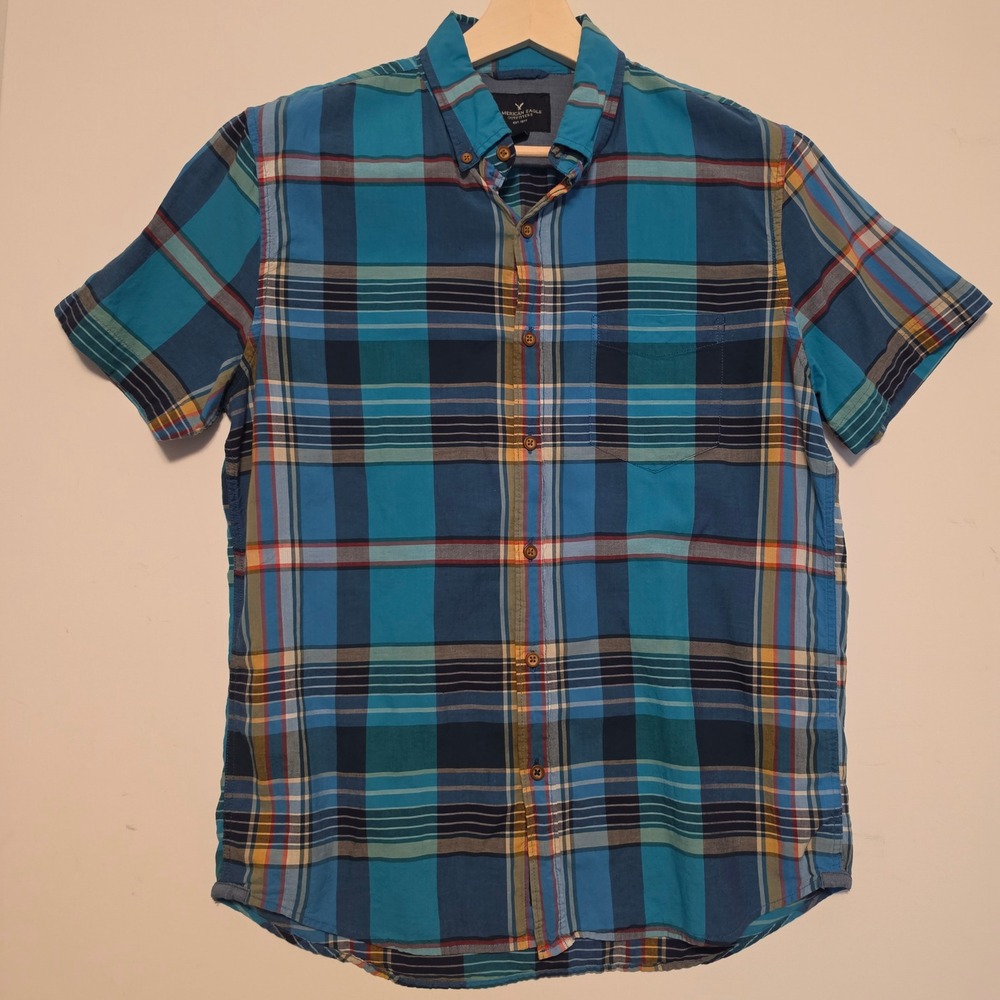 American Eagle Plaid Short Sleeve Button Down Shirt Blue Multicolor Size Medium
